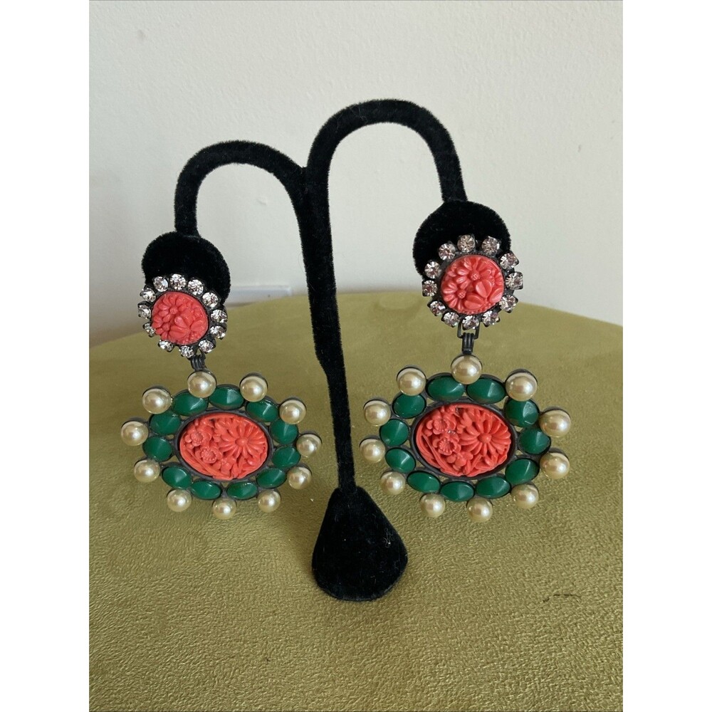 LAWRENCE VRBA Large Carved Faux Coral Clip Earrings